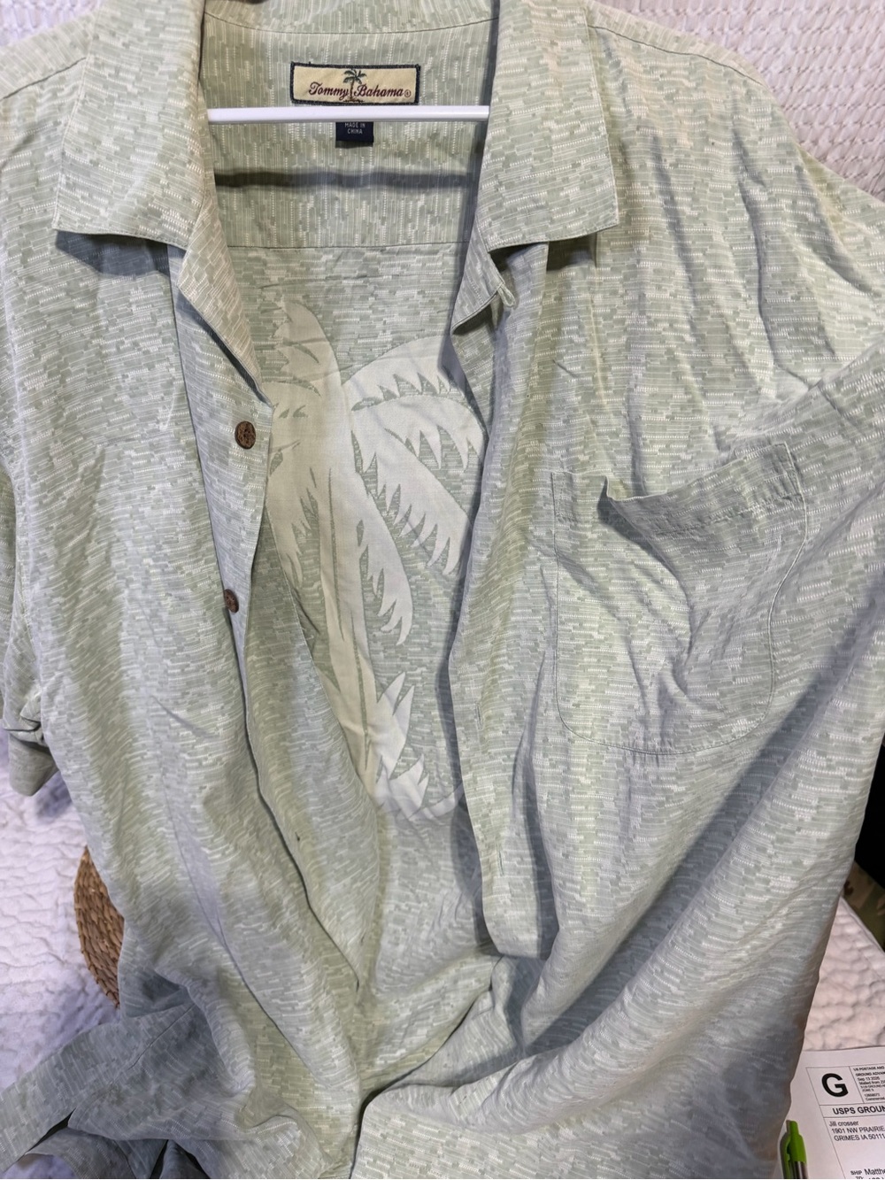 Tommy Bahama Pale Green Short-Sleeve Camp Shirt with Palm Print
